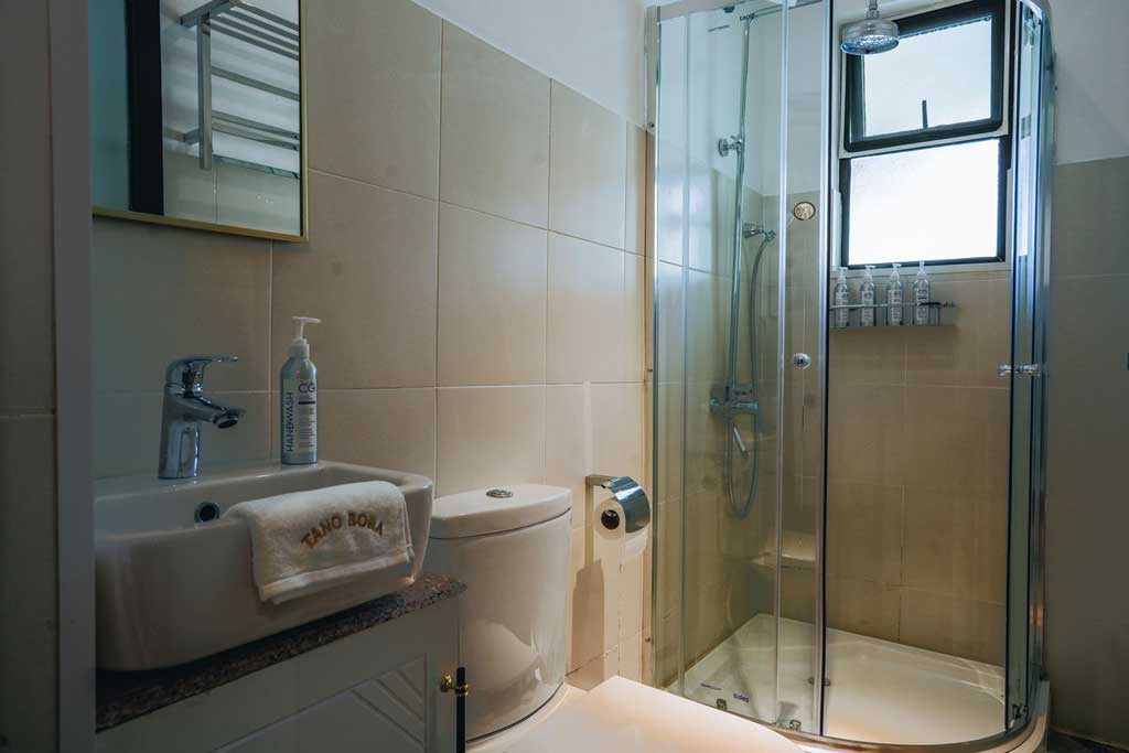modern bathroom with rainwater showers with naturally soft water